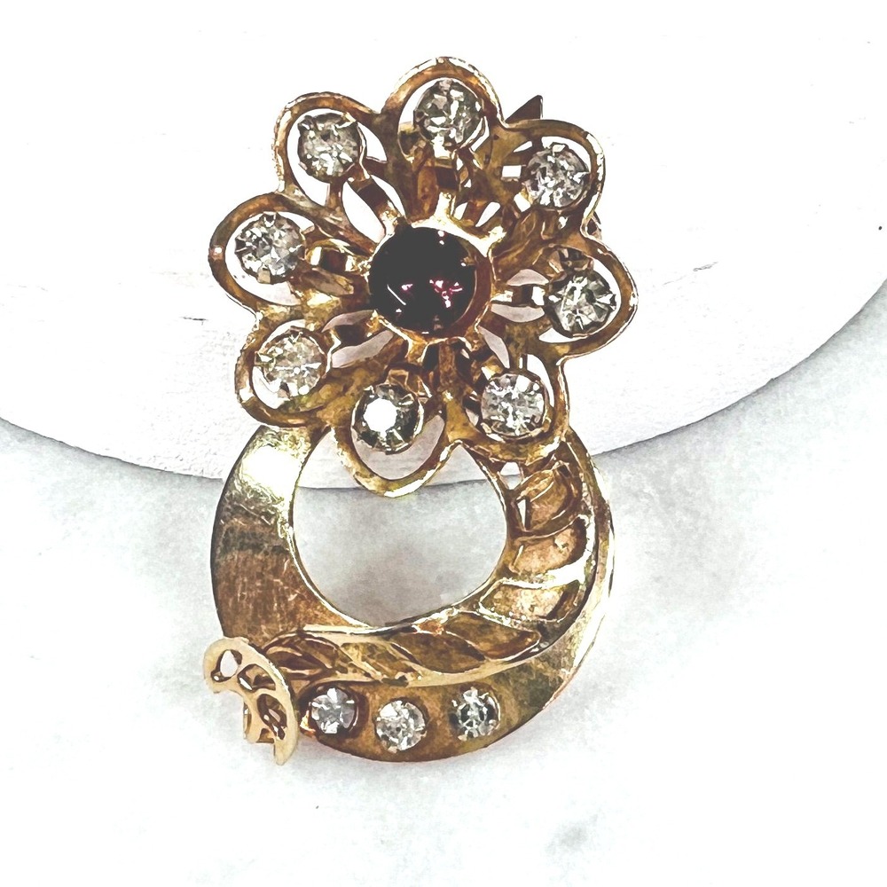 Vintage Rhinestone Brooch Pin Pendant Purple Flower Atomic Age Ladder Gold Tone - Picture 3 of 6